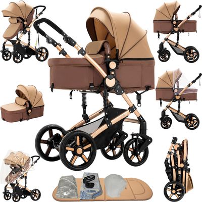 2 in 1 Baby Stroller Reversible Portable Standard Baby Stroller Convertible Pushchair Infant Buggy Baby Carriage Foldable High Landscape Pram for Toddler Newborn (2US588-KHAKI)