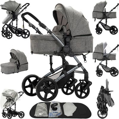 2 in 1 Baby Stroller Reversible Portable Standard Baby Stroller Convertible Pushchair Infant Buggy Baby Carriage Foldable High Landscape Pram for Toddler Newborn (2US588-GREY)