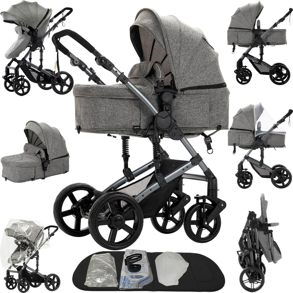 2 in 1 Baby Stroller Reversible Portable Standard Baby Stroller Convertible Pushchair Infant Buggy Baby Carriage Foldable High Landscape Pram for Toddler Newborn (2US588-GREY)