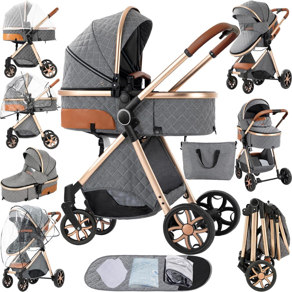 2 in 1 Baby Stroller Reversible Portable Standard Stroller Convertible Pushchair Infant Buggy Baby Carriage Foldable High Landscape Pram for Toddler Newborn (225 Grey)