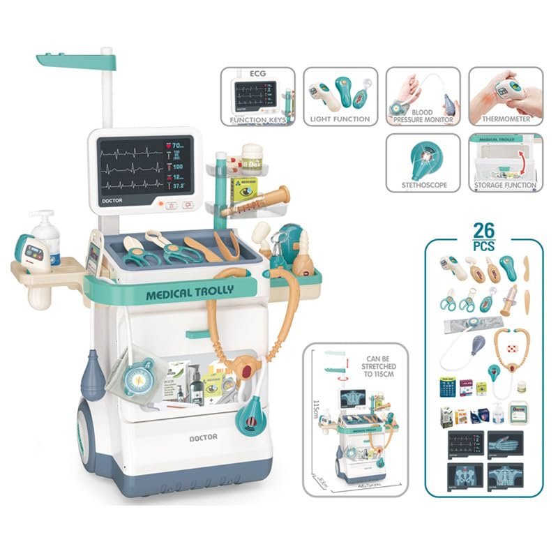 Serena & Jewel Kit for Kids 26 Accessories Pretend Medical Station Set Mobile Cart with Lights, Thermometer, Stethoscope, Role Play Educational Toys for Boys & Girl Kids (26PCS)
