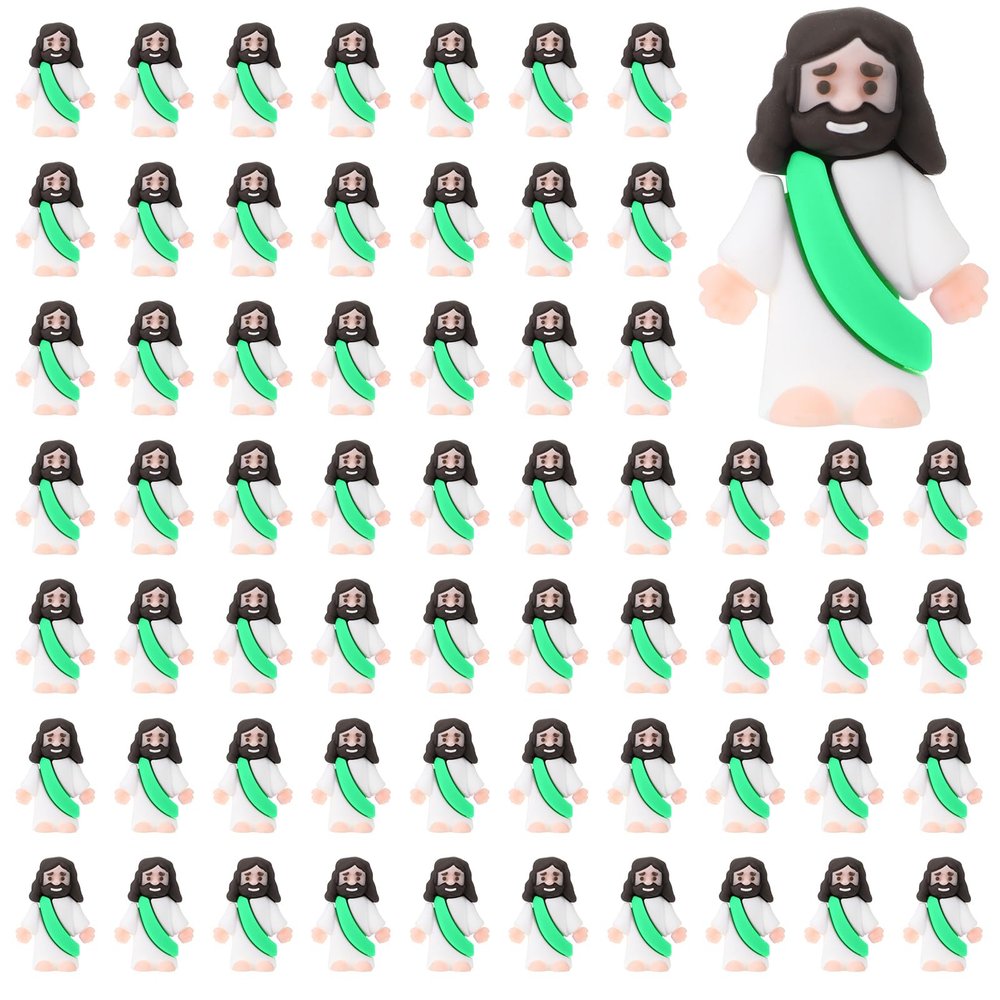 Bememo 100 Pcs Jesus Toys Original Design Mini Rubber Little Jesus Figurine to Hide and Seek Religious Party Favors Sunday School Craft Baptism Gifts for Easter Egg Stuffers(Green)