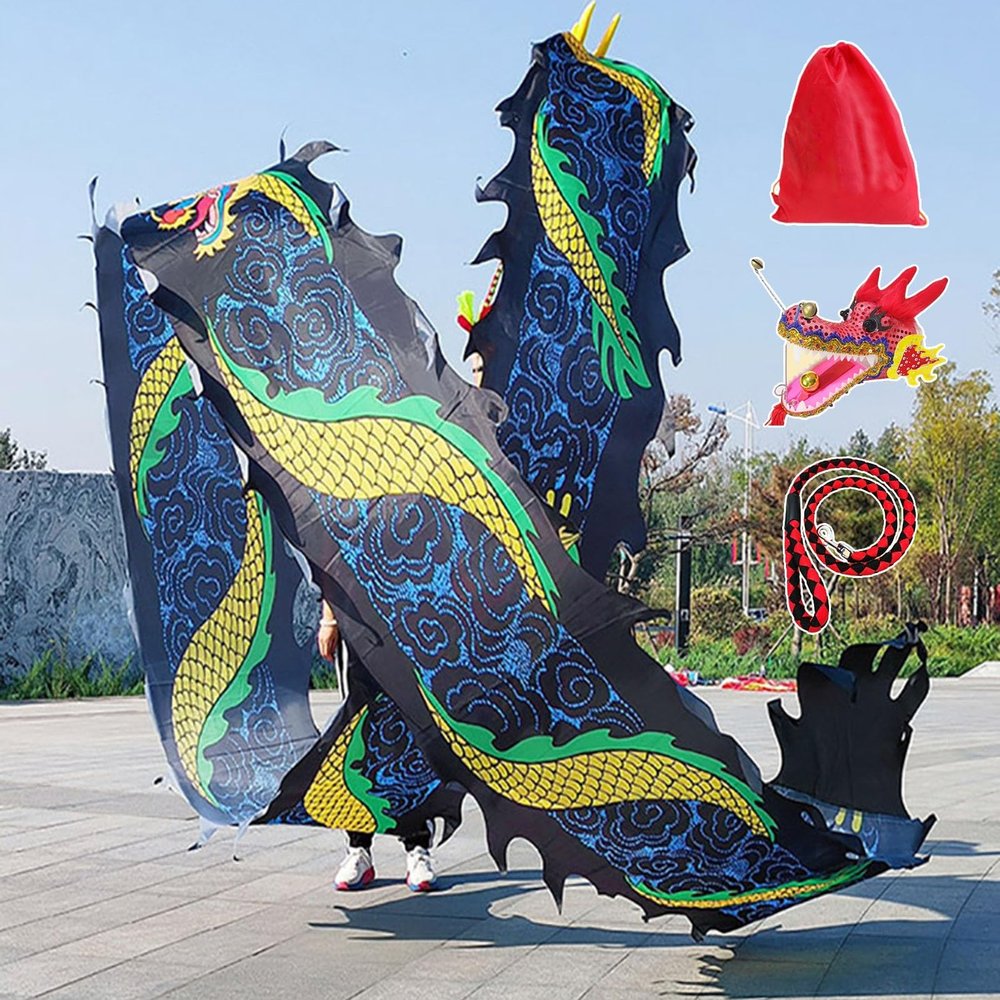 Kunovo Dragon Poi Black Dragon Poi Flinging Ribbon, Outside Sports Dance Dragon Streamer Wu Long Kites, Seniors Dragon Spinning Ribbons for Parks/Yards/Squares (Size : 10 m (33 ft))