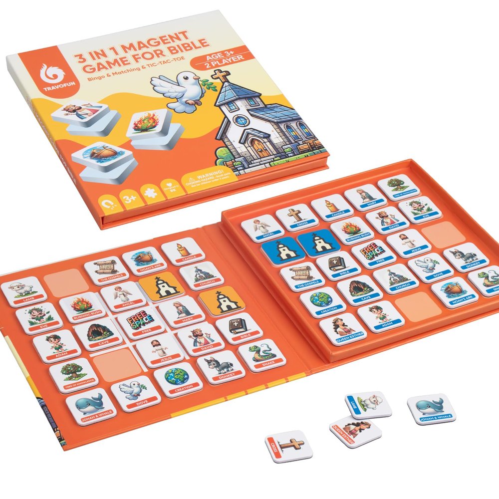 Travofun Magnetic 3 in1 Bible Games for Kids -Includes Bingo,Tic-Tac-Toe, Memory Games for Kids Ages 4-8, Perfect for Travel, Family Fun,Christian Game for Toddlers