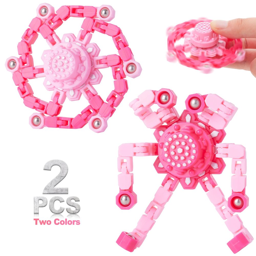 2 PCS Transformable Fidget Spinners for Kids, Valentine's Day Gifts for Classroom Exchange, Party Favors, Sensory Stress Relief Toy for Girls & Boys,Pink Deformable Mechanical Chain Robot Toy