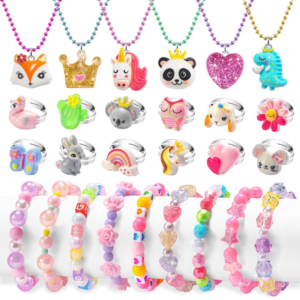 BeAndge Toddler Girls Jewelry for 3 Year Old, Kids Play Jewelry Set for Little Girl Age 4-6, Children Dress Up Necklaces Childs Rings Bracelets for Toddlers Princess Ages 3+ 3-5 4 5 6 7 Years