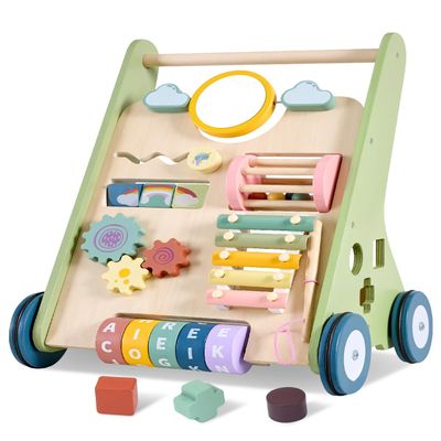 11-in-1 Montessori Baby Walker Toddlers Push Walker Wooden Activity Center Gift for 1 Year Old Boys Girls, Adjustable Speed & Quiet Wheels Learning to Walk Sensory Toys Baby Sit-to-Stand Walking Toys