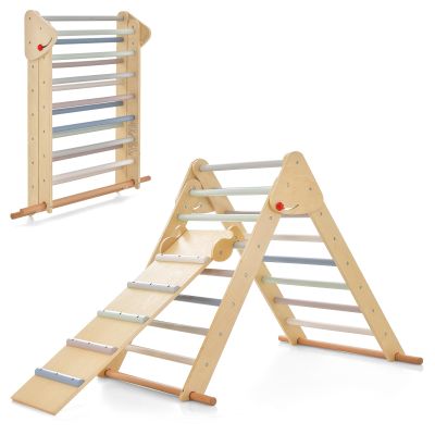 OLAKIDS Pikler Triangle Set 3 in 1 Climbing Toys for Toddlers Foldable Wood Montessori Baby Jungle Gym with Ramp Ladder Slide Kids Indoor Playground Activity Play Structure