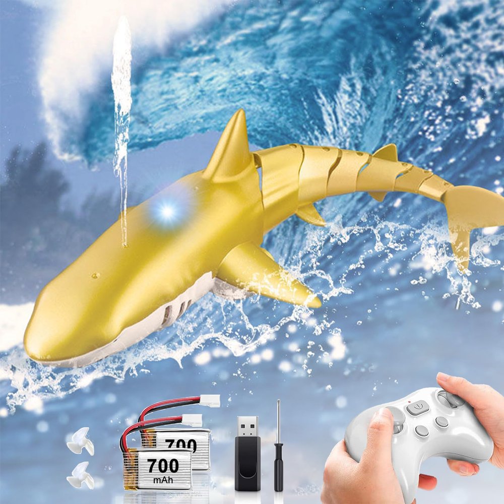 bayehngs Pool Toy, Remote Control Shark Toy for Boys, Bath Toy for Kids, High Simulation Shark RC Boat Boy Toy with Light & Spray Water, Gift for 6+ Year Old Boys Girls, Gold