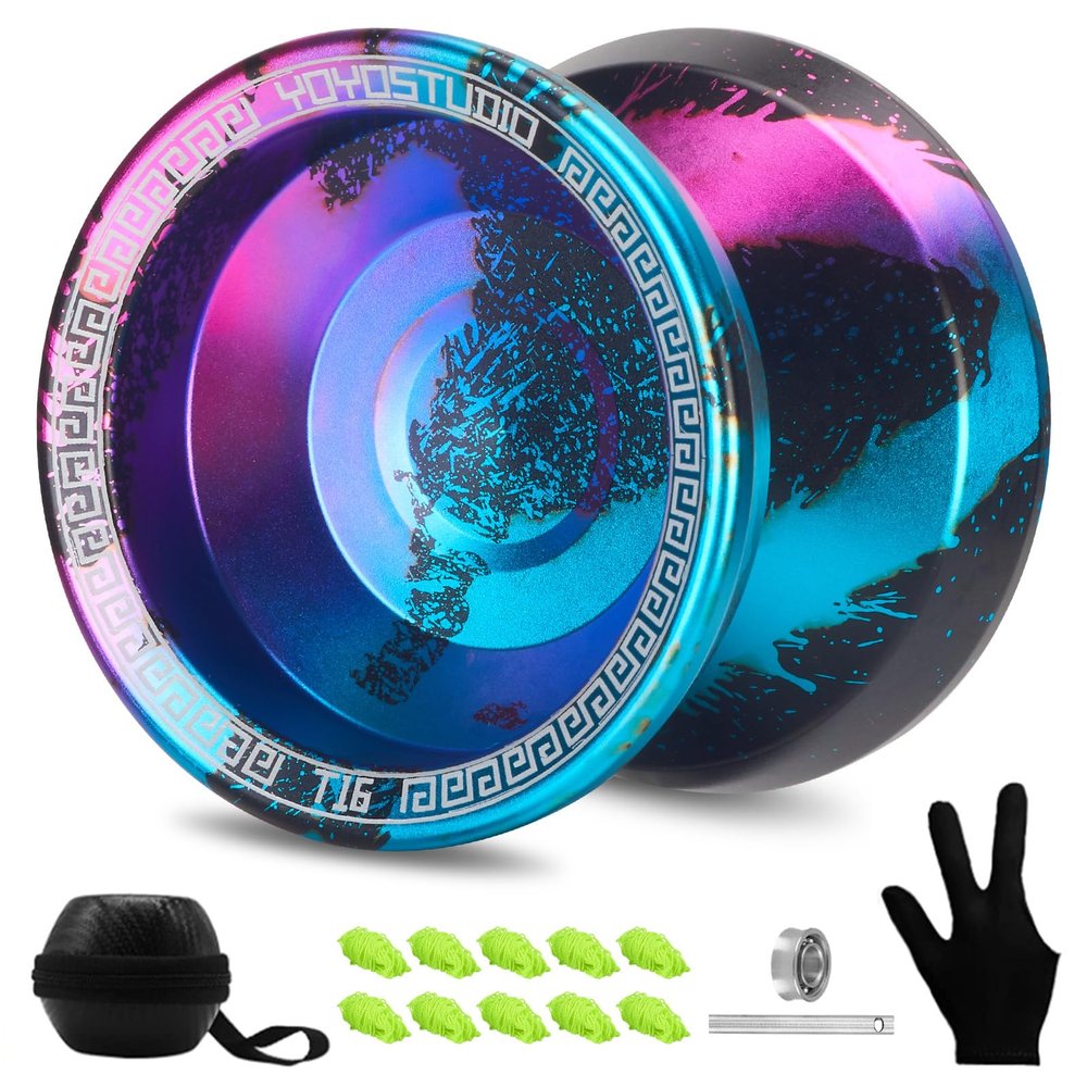 YOYOSTUDIO T16 Responsive Yoyo Professional, Dual Purpose Yoyo for Kids Beginner, Unresponsive Yo yo for Adults with Removal Bearing Tool, 10 Yo-Yo Strings, Case & Glove (Black Blue Pink)