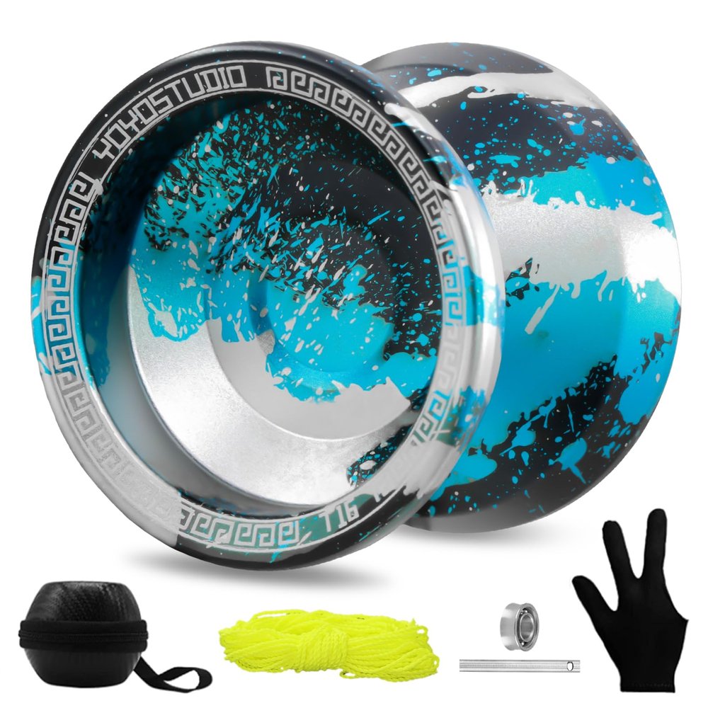 YOYOSTUDIO T16 Professional Yoyo for Kids 8-12, Responsive/Unresponsive Yoyo for Beginners - Complete Kit with Bearing, 10 Strings, Case & Glove (Black Blue Silver)