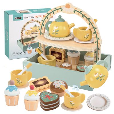 Masonbaby Wooden Tea Party Set for Little Girls,Kids Tea Set with Cookies & Cake Stand, Play Kitchen Accessories Wooden Pretend Play Food Toys for Girl Boy Birthday Gift