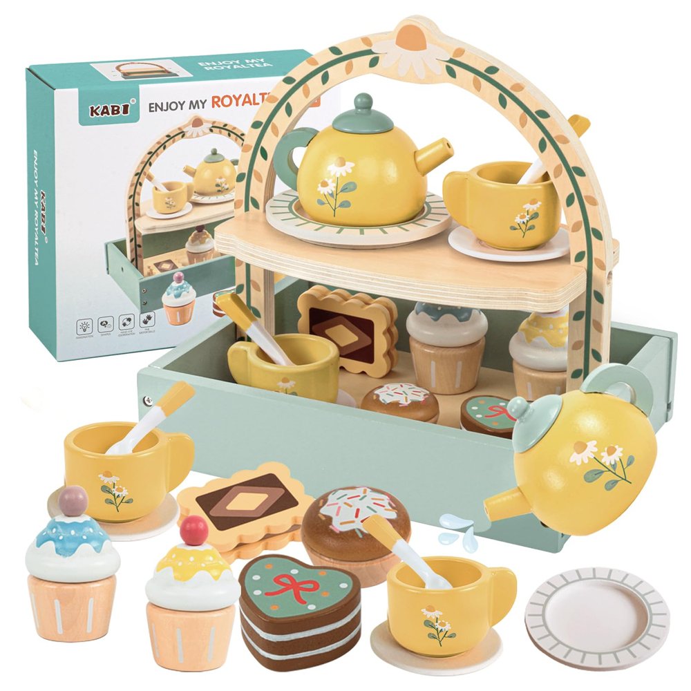 Masonbaby Wooden Tea Party Set for Little Girls,Kids Tea Set with Cookies & Cake Stand, Play Kitchen Accessories Wooden Pretend Play Food Toys for Girl Boy Birthday Gift