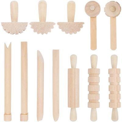 ALOEU 12Pcs Clay and Dough Tools Play Accessories Includes Rollers Hammer Party Pack Wood Pottery Tools Stamps for Clay Art