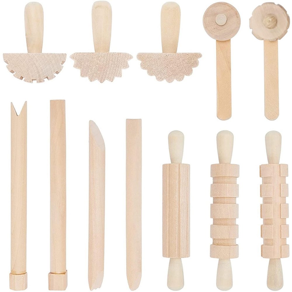 ALOEU 12Pcs Clay and Dough Tools Play Accessories Includes Rollers Hammer Party Pack Wood Pottery Tools Stamps for Clay Art