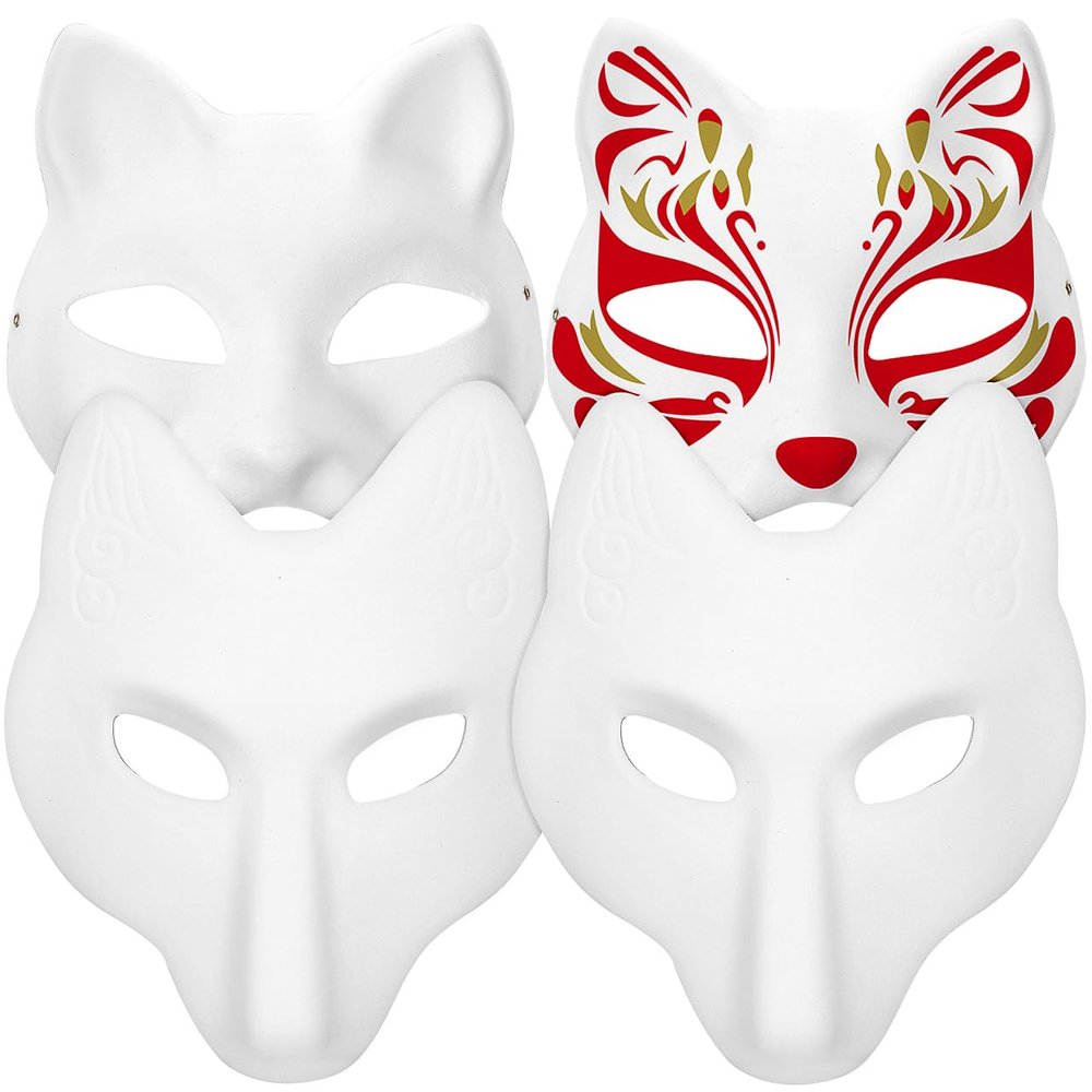 Alipis Cat Mask Unpainted Masks: 4 Pack Paintable White Fox Masks Blank Masquerade for DIY Craft Paper Mache Decorate Animal Mask Halloween Mask