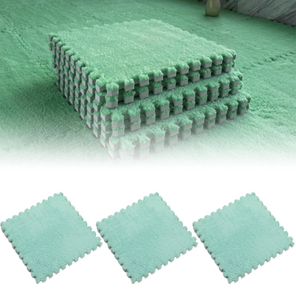 10 Piece Plush Patchwork Foam Floor Mat, 12"" X12 Thick Kids Interlocking Floor Carpet Squares, Plush Puzzle Foam Floor Mat, Fluffy Puzzle Area Rug Game Pad (Green)