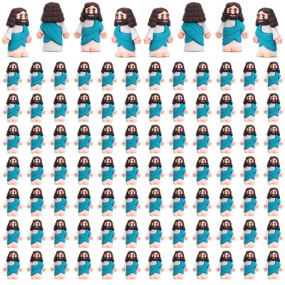 Bememo 100 Pcs Jesus Toys Original Design Mini Rubber Little Jesus Figurine to Hide and Seek Religious Party Favors Sunday Craft Baptism Gifts for Easter Egg Stuffers (Cyan)