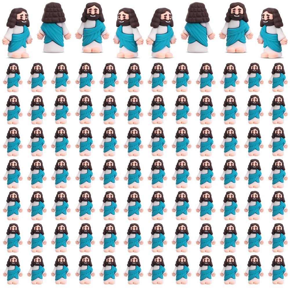 Bememo 100 Pcs Jesus Toys Original Design Mini Rubber Little Jesus Figurine to Hide and Seek Religious Party Favors Sunday Craft Baptism Gifts for Easter Egg Stuffers (Cyan)