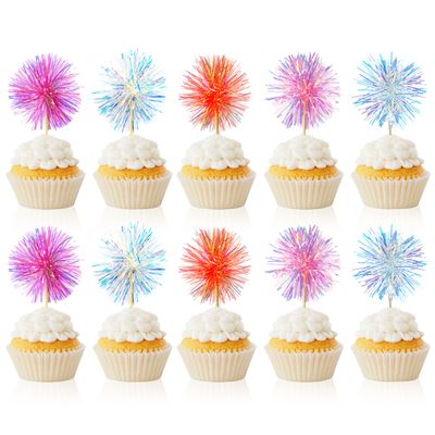 10PCS Foil Firework Cupcake Toppers, Takemay Happy Birthday Cake Toppers, Sparkle Tinsel Flower Drink Stirrers Cocktail Food Fruit Toothpicks for Party Birthday Wedding Ceremony