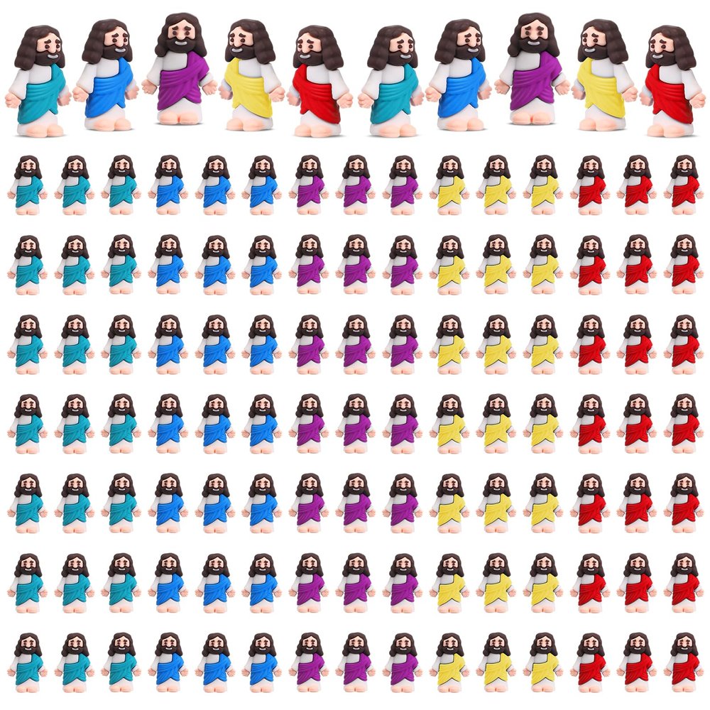 Bememo 100 Pcs Mini Jesus Figurines Bulk Little Jesus Toys Original Design Rubber to Hide and Seek Religious Party Favor Sunday Craft Baptism Gift for Easter Egg Stuffers(Multicolor)