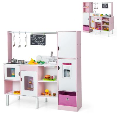 Costzon 2-in-1 Kids Kitchen Playset & Grocery Store, Double-Sided Pretend Play Kitchen with Light & Sound, Ice Maker, Sink & Faucet, 82 Accessories, Toddler Market Stand for Boys Girls Ages 3+