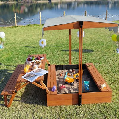 FunXplore Wooden Kids Sandbox with Lid Outdoor Sand Box with Picnic Table Foldable, Sandpit with Cover Ages 4-8, Adjustable Canopy Bottom Liner for Backyard Garden