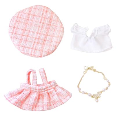 niannyyhouse 10cm~15cm Plush Doll Clothes Berets Suspender Skirt White Shirt Accessories Doll Dress Up (Pink)
