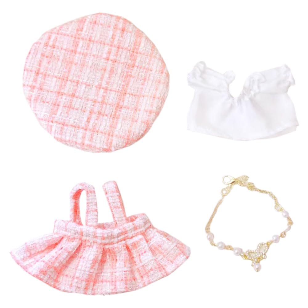 niannyyhouse 10cm~15cm Plush Doll Clothes Berets Suspender Skirt White Shirt Accessories Doll Dress Up (Pink)