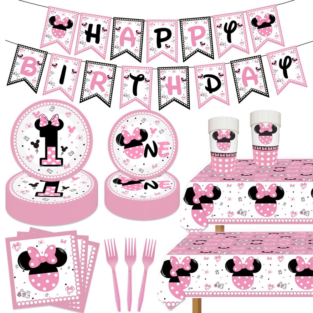 118 Pcs Pink 1st Birthday Party Supplies Girls One Paper Plates Napkins Cups Forks Tablecloth Banner for Girl's 1st Birthday Baby Shower Party Decorations, Serve 20