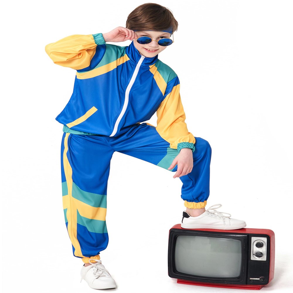 Nenahot Kids 80s Tracksuit Hip Hop Costume Retro Sportswear Sets 80s Colorblock Jacket Outfits for Boys Girls
