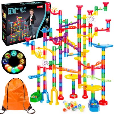 Meland Marble Run - 208Pcs Marble Maze Game Building Toy for Kids, Marble Track Race Set & STEM Learning Toy Gift for Boy Girl Age 4 5 6 7 8 9+(142 Pcs + 60 Glass + 5 Led Lighted Marbles)