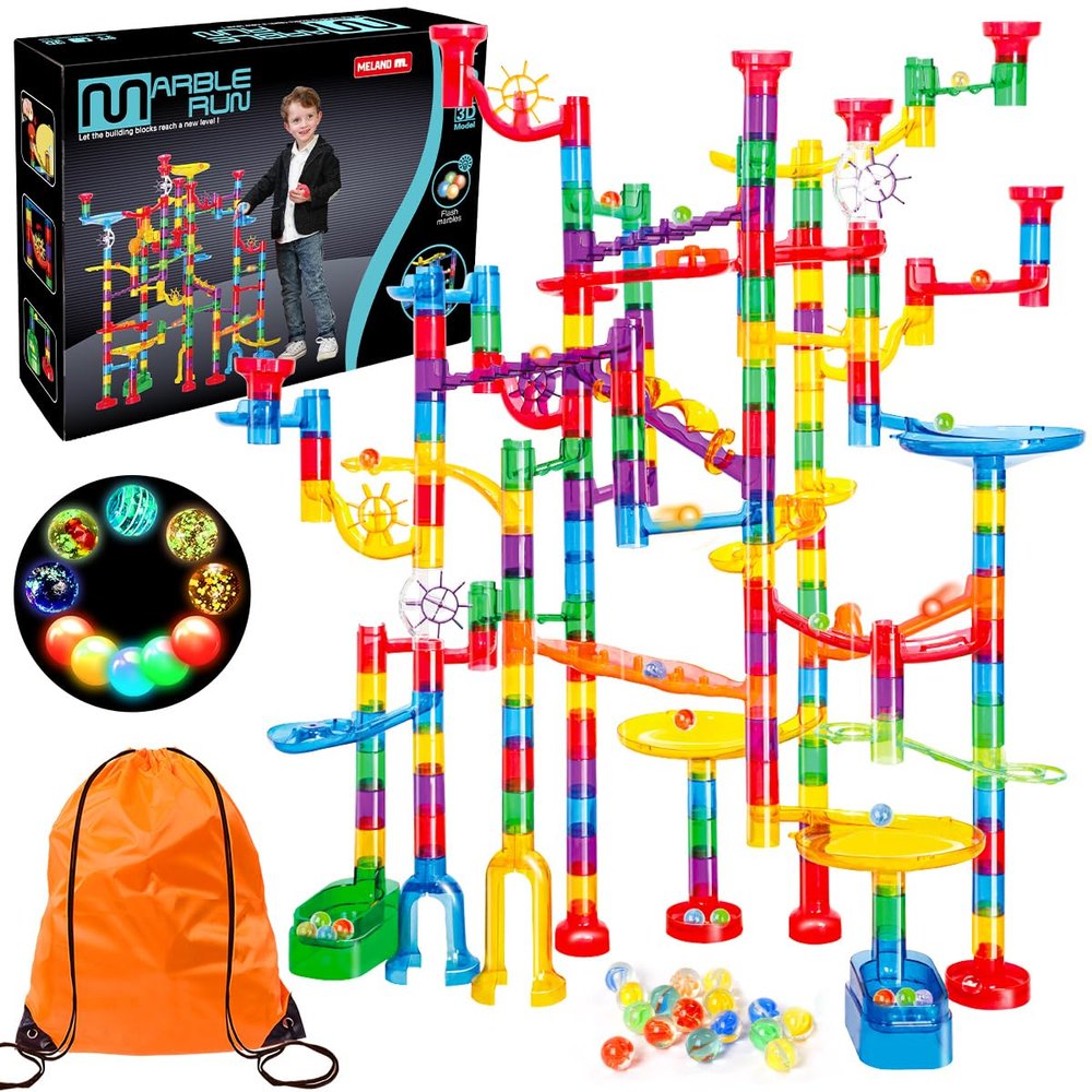 Meland Marble Run - 208Pcs Marble Maze Game Building Toy for Kids, Marble Track Race Set & STEM Learning Toy Gift for Boy Girl Age 4 5 6 7 8 9+(142 Pcs + 60 Glass + 5 Led Lighted Marbles)
