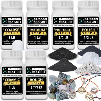 6 in 1 Rock Tumbler Grit Full Function Set  4 Step Tumbling Grit, 1 Ceramic Refill Media, 9 Varieties Rough Rocks, Rock Tumbler Grit Polish Refill, Rock Polish Supplies & Accessories