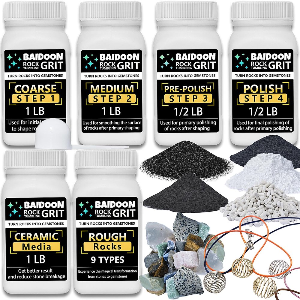 6 in 1 Rock Tumbler Grit Full Function Set  4 Step Tumbling Grit, 1 Ceramic Refill Media, 9 Varieties Rough Rocks, Rock Tumbler Grit Polish Refill, Rock Polish Supplies & Accessories