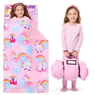 JOIEDOMI Toddler Sleeping Bag for Kids 55''x30'' Nap Mat with Removable Pillow and Minky Blanket for Toddler Ages 3-7 Roll Up Kids Sleeping Bag for Boys Girls Kindergarten Daycare Sleepover Unicorn
