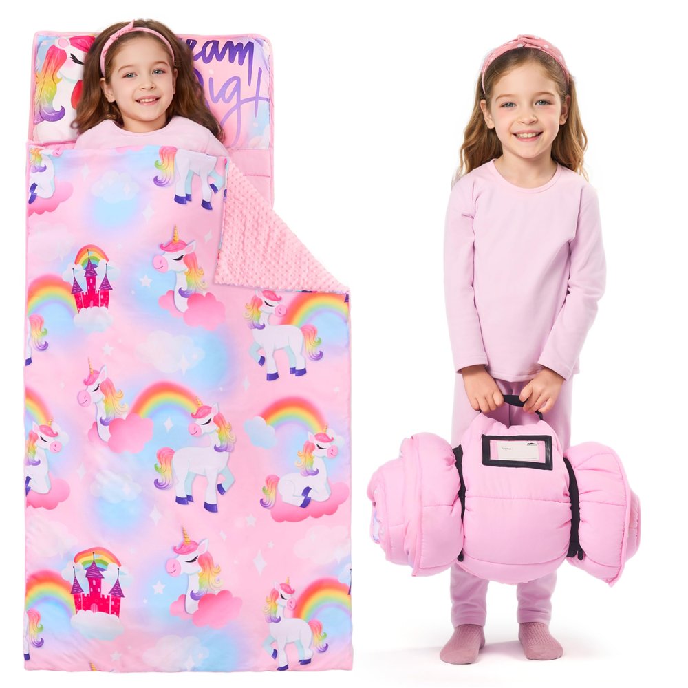 JOIEDOMI Toddler Sleeping Bag for Kids 55''x30'' Nap Mat with Removable Pillow and Minky Blanket for Toddler Ages 3-7 Roll Up Kids Sleeping Bag for Boys Girls Kindergarten Daycare Sleepover Unicorn