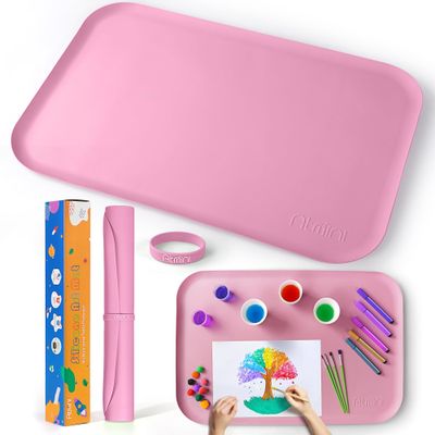 AtMini Silicone Craft Mats for Kids 24"x16" with Raised Lip & Non-Slip | Reusable Silicone Art Mat for Play Sand, Painting, DIY Crafts | Durable Design (Pink)
