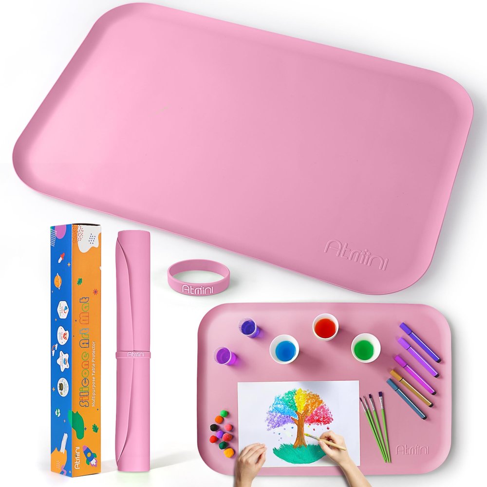 AtMini Silicone Craft Mats for Kids 24"x16" with Raised Lip & Non-Slip | Reusable Silicone Art Mat for Play Sand, Painting, DIY Crafts | Durable Design (Pink)