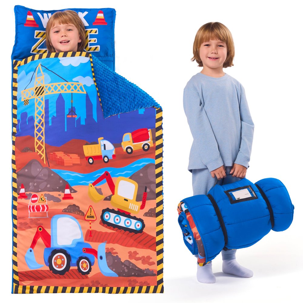 JOIEDOMI Toddler Sleeping Bag for Kids 55''x30'' Nap Mat with Removable Pillow and Minky Blanket for Toddler Ages 3-7 Roll Up Kids Sleeping Bag for Boys Girls Kindergarten Daycare Sleepover Vehicle