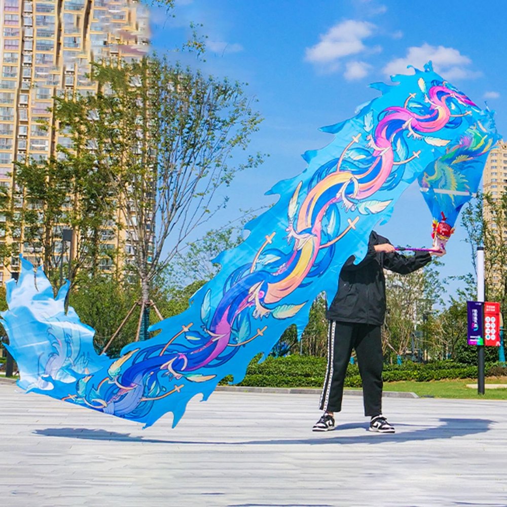Kunovo Dragon Poi Phoenix Motif Dragon Dance Ribbon, Oriental Traditional Fitness Dragon Flinging Ribbons with Dragon Head, Silk-Like Juggling Dragon Streamer (Color : Blue, Size : 8 m (26 ft))