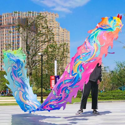 Kunovo Dragon Poi Phoenix Motif Dragon Dance Ribbon, Oriental Traditional Fitness Dragon Flinging Ribbons with Dragon Head, Silk-Like Juggling Dragon Streamer (Color : Colorful, Size : 8 m (26 ft))