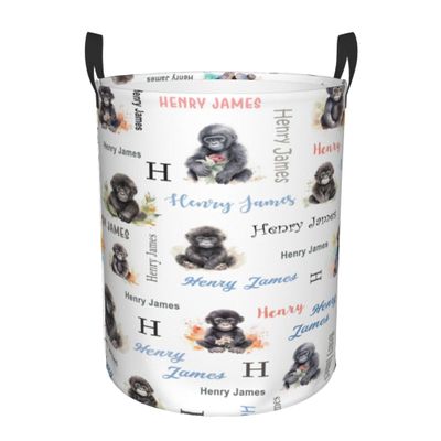 Gorilla Baby Hamper for Nursery Girl Personalized Baby Hamper Boy with Name Round Bin with Handles Kids Collapsible Storage Organizer Basket Custom Nursery Hampers Home Decor