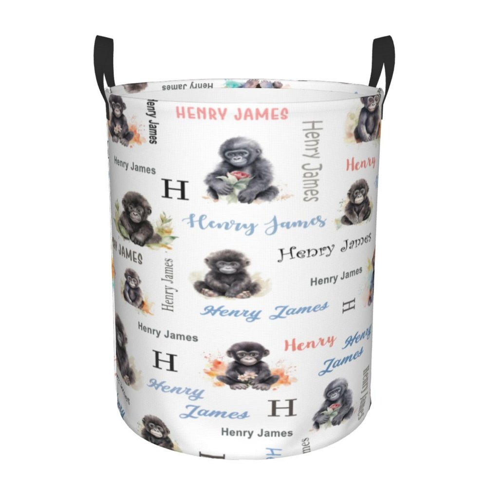 Gorilla Baby Hamper for Nursery Girl Personalized Baby Hamper Boy with Name Round Bin with Handles Kids Collapsible Storage Organizer Basket Custom Nursery Hampers Home Decor