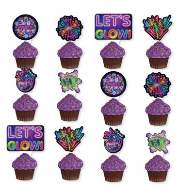 24 PCS Neon Cupcake Toppers Lets Glow Crazy Party Theme Party Decoration for Wedding Baby Shower Boys Girls Happy Birthday Party Decoration