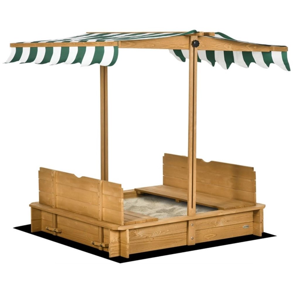HOYOC Wooden Sandbox with Height Adjustable Canopy and Foldable Bench Seats Kids Outdoor Play Equipment Sand Protection Bottom Liner for Backyard, Beach, Lawn Sand Boxes for Kids Outdoor,Green