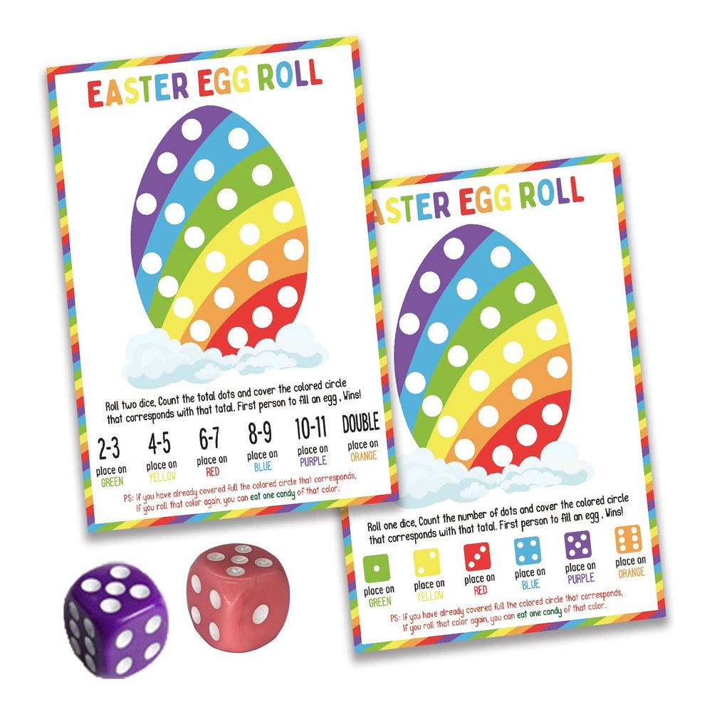 BEUFSE Easter Egg Roll Dice Game, Roll The Egg Game with Two Dices for Easter, Easter Roll The Dice Game, Easter Party Game Supplies, Fun Easter Games for Family -STPD04