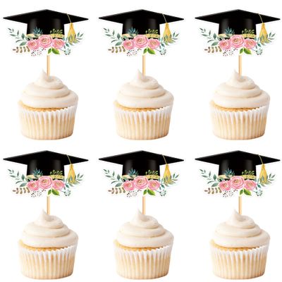 Cyodoos24 PCS Graduation Theme Cupcake Toppers Flower Graduate Cupcake Picks Students Graduation Theme Party Cake Decorations Supplies