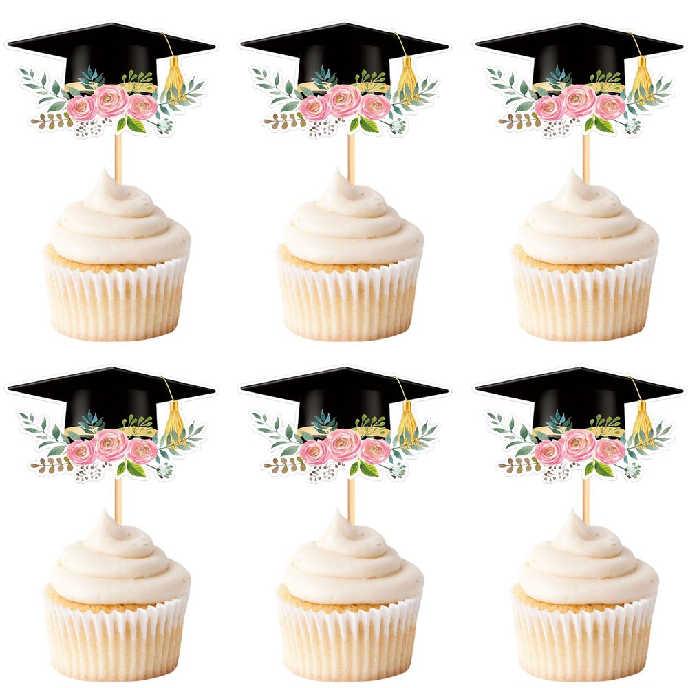 Cyodoos24 PCS Graduation Theme Cupcake Toppers Flower Graduate Cupcake Picks Students Graduation Theme Party Cake Decorations Supplies