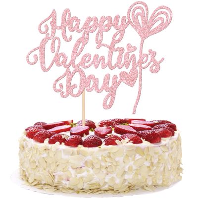 1 PCS Happy Valentine's Day Cake Topper Glitter Be My Valentine Sweet Love Heart Balloon Shaped Cake Pick for Valentine's Day Theme Wedding Birthday Party Cake Decorations Supplies Light Pink